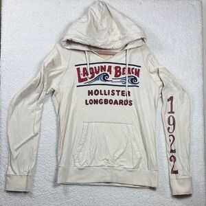 (C3) Hollister Vintage Cream Lightweight Hoodie, Size L, with Embroidered Logo